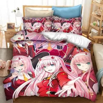 3D Print Cartoon DARLING in the FRANXX Zero Two 02 Bedding Set Boys Girls Twin Queen Size Duvet Cover Pillowcase Bed Kids Adult EU Twin 135x200cm