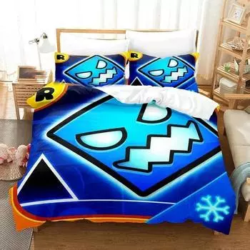 3D Print Cartoon Game Geometry Dash Bedding Set Duvet Cover Bed Set Quilt Cover Pillowcase Comforter king Queen Size Boys Adult 135X200cm-2pcs