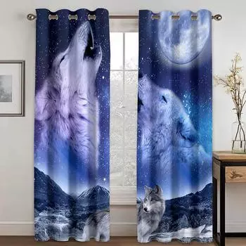 3D Print Couple Love Modern Animal Wolf Moon at Night Drapes Window Curtain Bedroom Decorative Curtain 2 Panel for Living Room 100W160H(CM)40x63in&Hook