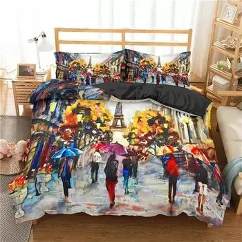 3D Print Eiffel Tower Bedding Set,Duvet Cover Comforter Bed Set Quilt Cover Pillowcase,King Queen Twin Size Boys Girls Adults 135x200cm 2pcs