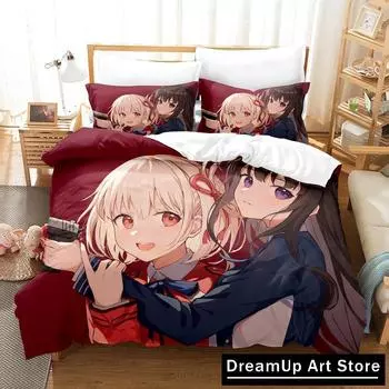 3D Print Fashion Anime Lycoris Recoil Bedding Set Boys Girls Twin Queen Full Size Duvet Cover Pillowcase Bed Adult Bedroom EU Single 90x200cm