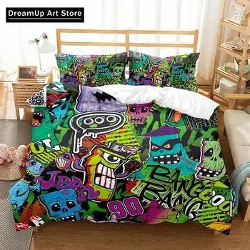 3D Print Fashion Hippie Graffiti Bedding Set Boys Girls Twin Queen Full Size Duvet Cover Pillowcase Bed Adult Bedroom EU Single 90x200cm