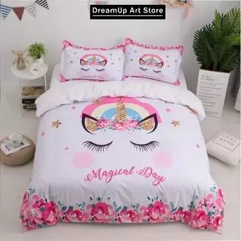 3D Print Fashion Unicorn Cartoon Lovely Bedding Set Boys Girls Twin Queen Full Size Duvet Cover Pillowcase Bed Adult Bedroom EU Single 90x200cm
