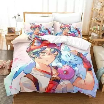 3D-принт Головы Кирико Overwatch 2 Комплект постельного белья Пододеяльник Постельный комплект Одеяло Наволочка Одеяло размера king-size Для мальчиков Взрослых EU Single 135x200cm