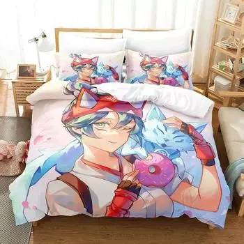 3D-принт Головы Кирико Overwatch 2 Комплект постельного белья Пододеяльник Постельный комплект Одеяло Наволочка Одеяло размера king-size Для мальчиков Взрослых EU Single 135x200cm
