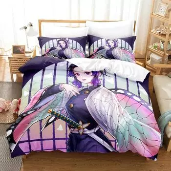 3D-принт Kochou Shinobu Постельное белье Аниме Demon Slayer Комплект постельного белья 200x200 Подростки Мальчики Твин Одинарный Queen King Полный пододеяльник Комплекты 218x177cm 86x70in