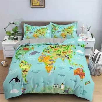 3D Print Map Pattern Bedding Set,Duvet Cover Comforter Bed Set Quilt Cover Pillowcase,King Queen Twin Size Boys Girls Adults 135x200cm 2pcs