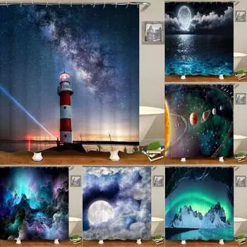 3D-принт Маяк Галактика Душевые занавески Ночное звездное небо Ванная занавеска Водонепроницаемая полиэстеровая ткань с крючком для ванной занавеска W90xH180cm