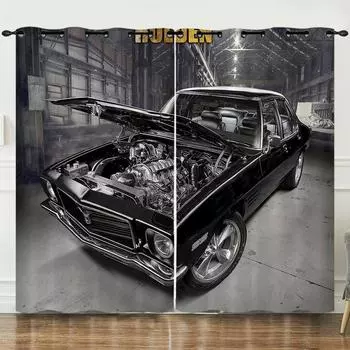 3D Print Modern Cheap Black Sports Cars Cool 2 Pieces Thin Shading Polyester Curtain for Living Room Bedroom Decor Hooks 140W160H(CM)55x63in&Hook
