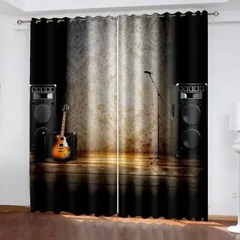 3D Print Modern Instrument Guitar Notes Cool Boy 2 Pieces Thin Shading Window Curtain For Living Room Bedroom Decor Rod Pocke (50Wx50H)x2(CM)&Rod Pocket