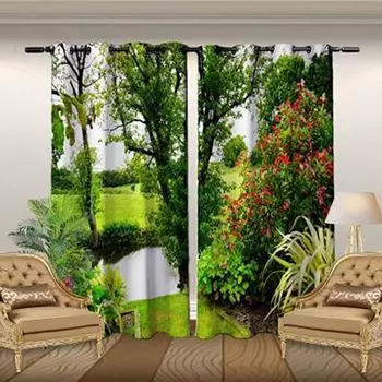 3D Print Polyester Curtain for Living Room and Bedroom Decor, Back Garden, Family Yard, Natural Scenery, Thin Shading, Hooks, 2 100W160H(CM)40x63in&Hook