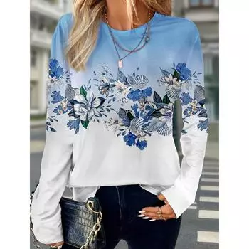 3D-принт с цветочным принтом, женская футболка с длинным рукавом, базовый дизайн, модная круглая горловина, стандартный крой, толстовка Y2K для девочек S