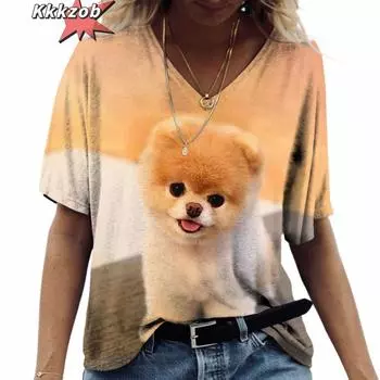 3D-принт с изображением собаки, летняя мода 2025 года, горячая распродажа, женская футболка с коротким рукавом, топы с V-образным вырезом, уличная одежда, повседневный пуловер в стиле Харадзюку S