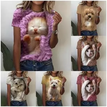 3D-принт с рисунком котенка, модная женская рубашка с круглым вырезом, свободного покроя, в стиле Y2K, с коротким рукавом, дышащая S