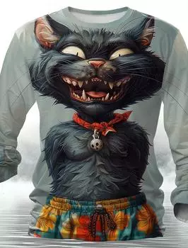 3D-принт с рисунком котенка на Хэллоуин, 3D-принт с осенним принтом, мужская футболка с круглым вырезом, повседневная, с длинным рукавом, свободный пуловер, модные топы S