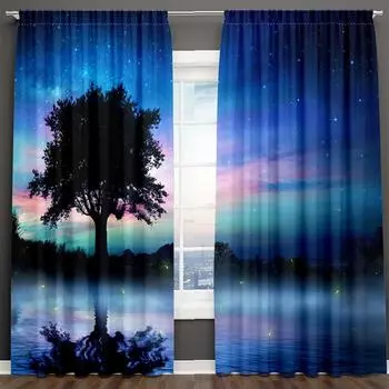 3D принт, синий, черный, звездное небо, серия «Млечный Путь», детская 2 шт., затеняющая оконная занавеска для гостиной, спальни, декор, карман для штанги Milled cotton fabric&Grommet Top