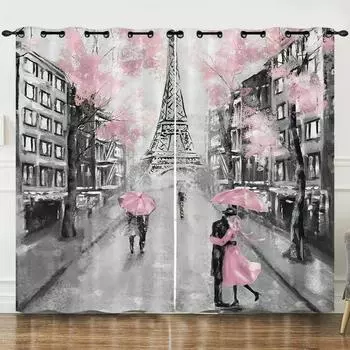 3D-принт Современные городские влюбленные Париж Эйфелева башня кленовый лист 2 шт. занавеска для гостиной спальни кухни офиса декор 2024 W50H60(CM)x2PCS&Hook
