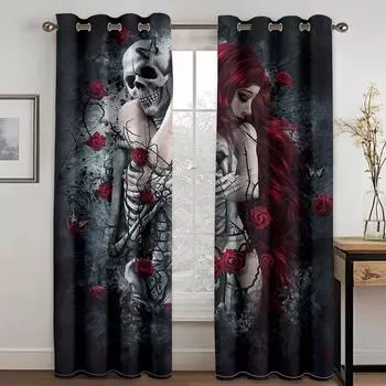 3D-принт Современный День святого Валентина Роза Череп Черная пара 2 шт. Занавески на окна для гостиной, спальни, домашнего декора Крючок 100W130H(CM)40x51in&Hook