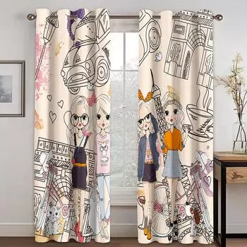 3D-принт современный дешевый мультфильм милый модный девушка розовый 2 шт. тонкая затеняющая занавеска гостиная спальня домашний декор крючок 100W130H(CM)40x51in&Rod Pocket