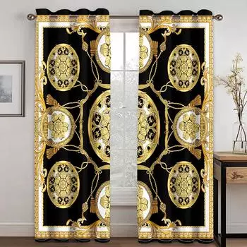 3D-принт, современный роскошный бренд, золотой и черный узор, 2 шт., тонкие затеняющие оконные шторы для гостиной, спальни, крючки 100W130H(CM)40x51in&Hook