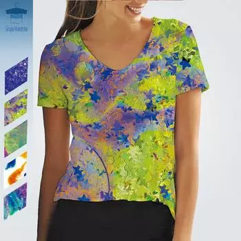 3D-принт V-образный вырез со звездами и пайетками Y2K Acid Style женская футболка с графическим принтом летняя одежда с коротким рукавом Amekaji женская мода повседневный топ S