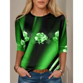 3D-принт женская футболка с цветочным принтом, красный, синий, фиолетовый, топы с длинным рукавом, праздничные, выходные, модные, с круглым вырезом, стандартный крой, весна и осень S красный