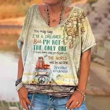 3D-принт женская футболка с винтажным принтом букв, короткий рукав, повседневная, выходного дня, базовая футболка для девочек с V-образным вырезом, женская одежда, свободные летние топы S