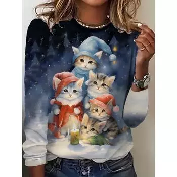 3D Printed Christmas Cute Cat Crew-Neck Long Sleeve T-Shirts Fashion Womens Clothing Casual Y2K Clothes Harajuku Female Clothing S