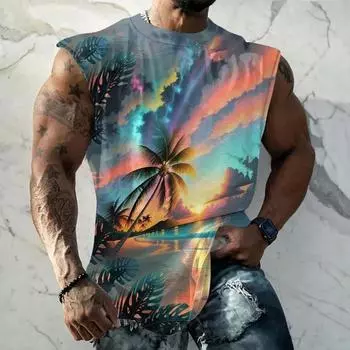 3D printed coconut tree beach vest men s colorful sunset pattern T-shirt summer casual loose street sports round neck vest S
