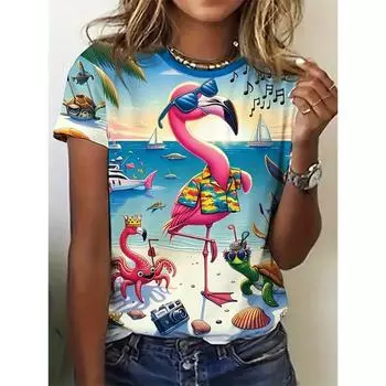 3D Printed Flamingo Women s T-shirts, Casual Short-sleeved Collar T-shirts, Harajuku T-shirts, Women s Clothing, New Fashion S