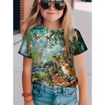 3D Printed Forest Animal Party Pattern Men s and Women s Children s Creative T-Shirt Casual Loose Breathable Round Neck Style 110