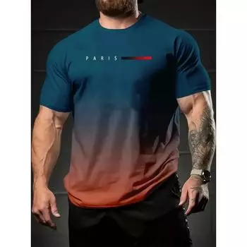 3D Printed Gradient Paris Graphic Tee - Vintage-Inspired, Crew Neck, Short Sleeve, Polyester Blend - Machine Washable S