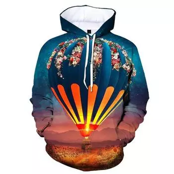 3D Printed Hot Air Balloon Hoodie For Men Colorful Pattern Long Sleeves Fashion Casual Sweatshirt Loose Pullover Hoodies Tops S