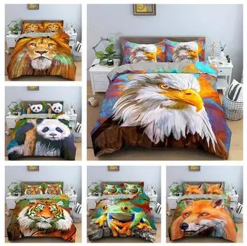 3D Printed Jungle Animal Bedding Set with Ultra-fine Fiber Soft Down Duvet Cover and Pillowcase 2/3pc Single Double Bed Duvet Cover Set Gift DE 100x135cm