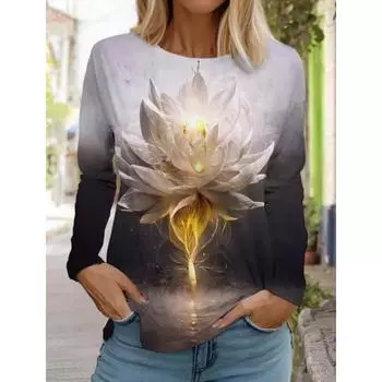 Футболка с принтом лотоса 3D, женская мода, ретро-топы, длинный рукав, круглый вырез, пуловер, повседневная футболка с длинным рукавом S