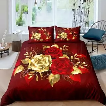 3D Printed Quilt Cover Elegant High-End Romantic Rose Bedding Cover Pillowcase Home Textiles Gold Floral Duvet Cover Sets EU single(135x200cm)