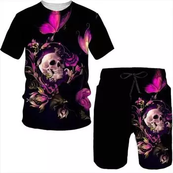 3D Printed Retro Skull Floral Men s Sportswear Suit O Neck T-Shirt S