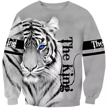3D Printed Tiger Round Neck Pullover Hoodie for Men s Casual Long Sleeved Jacket Pullovers & Long Sleeves Men’s S