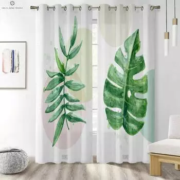 3D Printed Tropical Rainforest Leaves Curtains, Decorative Curtains, Bedroom, Living Room, Kitchen, Study, Green W50xH130(CM)x2PCS&Rod pocket