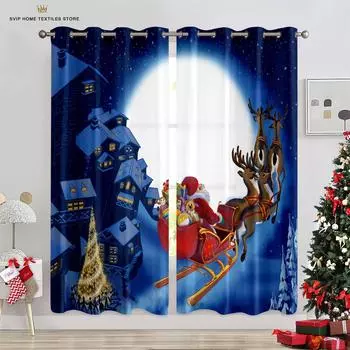 3D Printing Christmas Curtains, Santa Claus, Snowman, Fireplace, 100% Polyester, Restaurant, Holiday, Party Decoration W50X130H(CM)X2PCS&Grommet Top