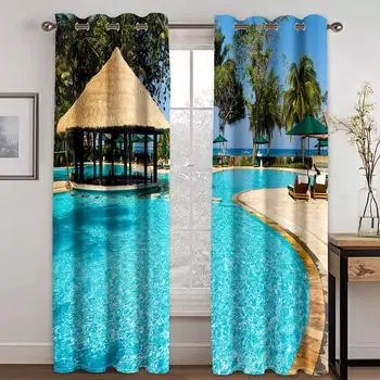 3D Printing Polyester Semi Sunshade Curtain, Cheap Thin Shading, Natural Sea, Beach Scenery, Bedroom, Living Room, Home Hook Dec 100W130H(CM)40x51in&Hook