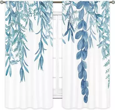 3D Printing Window Curtain for Kids and Adults, Blue Herb, Watercolor Leaves, 2 Panel, Bedroom, Living Room, Home Decoration 100W160H(CM)40x63in&Hook