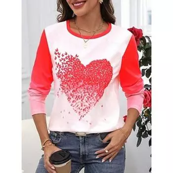 3D Printing Women s T shirt Tee Print Daily Casual Long Sleeve Crew Neck Red Spring Fall S