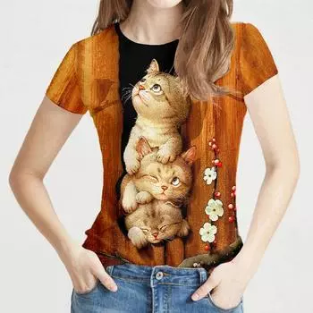 3D-принтованная футболка с забавным котом для женщин, футболки с узором «Золотая звезда», «Цветы», летние повседневные футболки, топы с круглым вырезом и короткими рукавами S