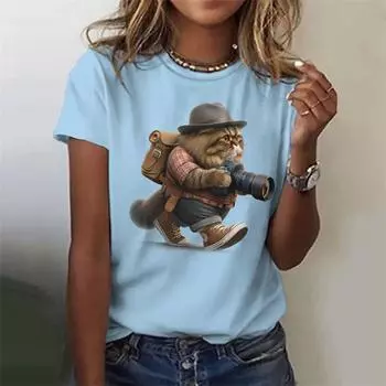 3D-принтованная футболка с забавным котом для женщин, футболки с красочным узором, летние повседневные футболки с короткими рукавами и круглым вырезом, свободные футболки S