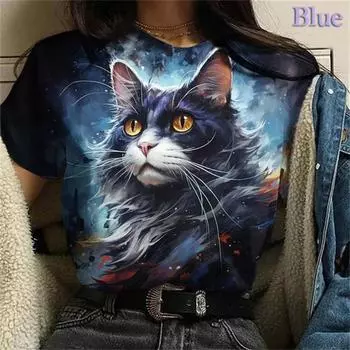 3D-принтованная модная футболка с изображением кошки для женщин, забавные футболки с рисунком животных, летние повседневные уличные свободные футболки с коротким рукавом, топы с круглым вырезом S