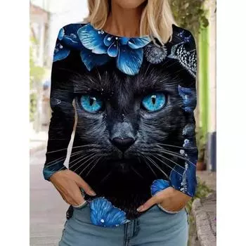 3D-принты Рождественская милая кошечка Женская футболка с длинными рукавами Длинные рукава Осенняя одежда с животными Праздничная подарочная одежда Модная футболка для вечеринки S