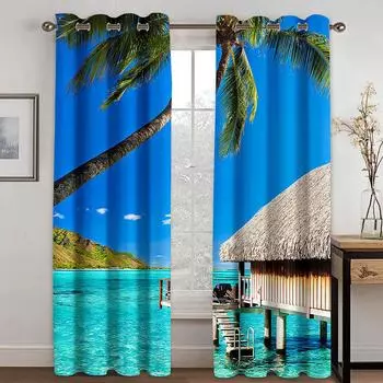 3D Природа Пейзаж Синий Песок Пляж Море Пальмы Листья Затенение Полиэстер Оконные Шторы Для Спальни Гостиной Домашний Декор Крючок 100W130H(CM)40x51in&Hook