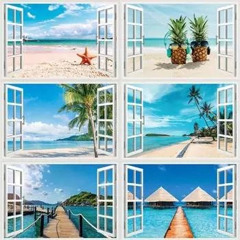 3D Природные Пейзажи Поддельные Наклейки На Окна Сакура Дерево Пляжное Здание Стены Искусства Росписи Наклейки Украшения Домашнего Офиса Виниловые Обои 43.5x70cm