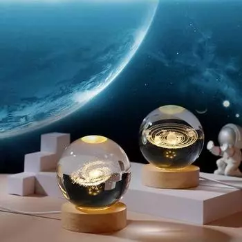 3D прозрачная сфера, светящаяся в виде солнечной системы, искусственный хрустальный шар с деревянной основой A